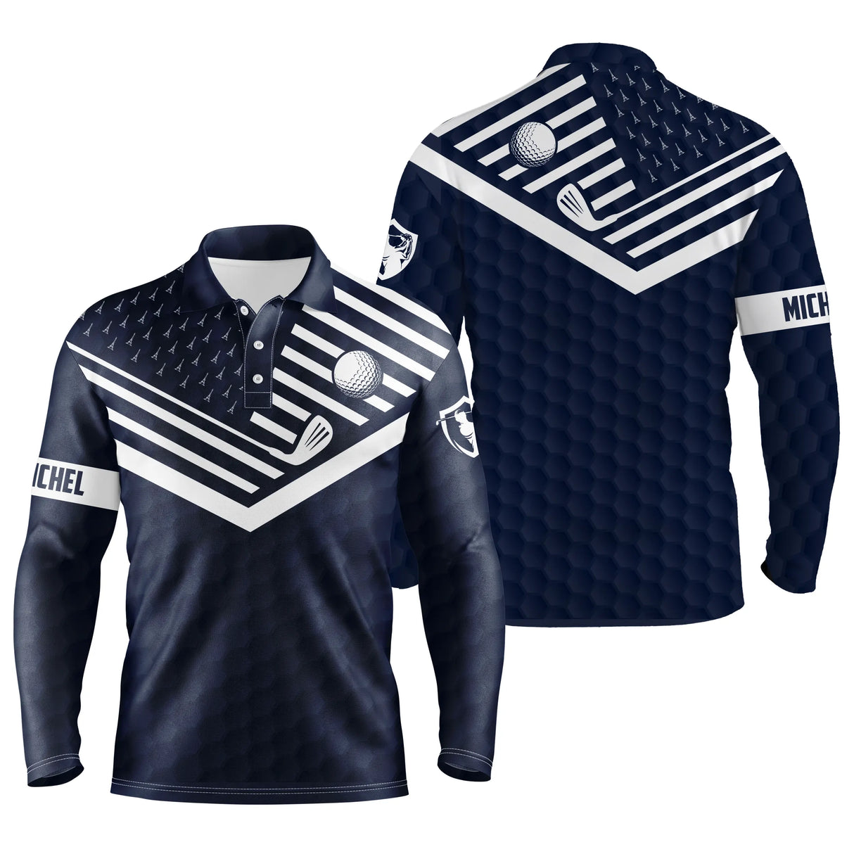 Polo manches longues golf unisexe blanc chevrons noirs balle clubs croisés prénom tissu respirant
