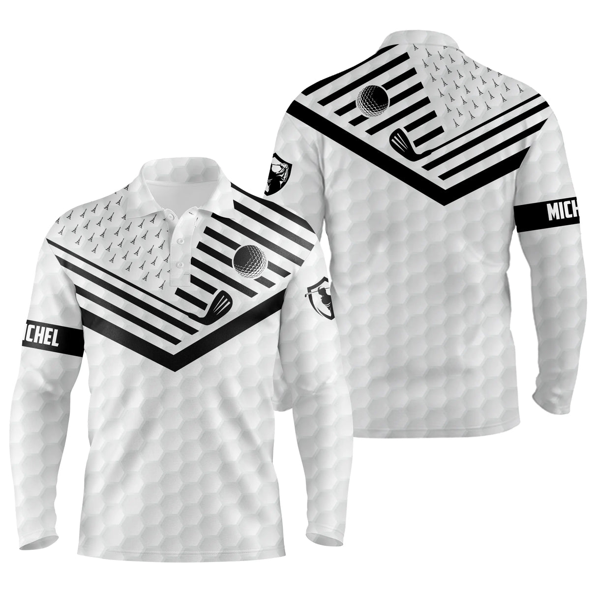 Polo manches longues golf unisexe bleu marine chevrons blancs balle clubs croisés prénom tissu respirant