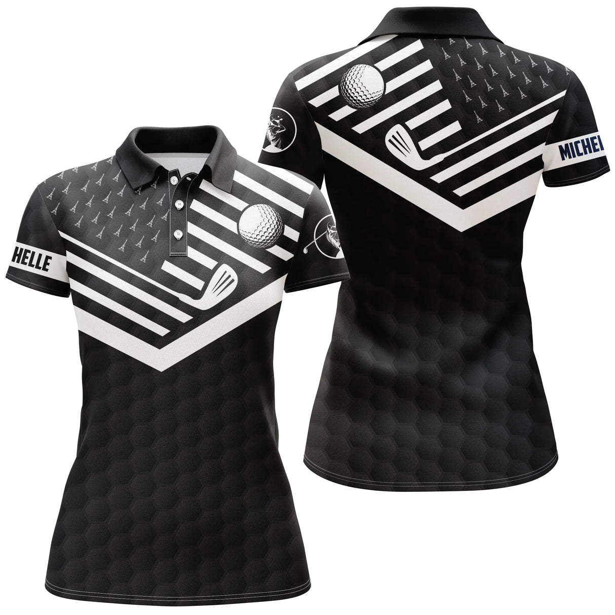 Polo golf femme noir intense chevrons blancs balle de golf clubs croisés zone prénom coupe cintrée tissu respirant