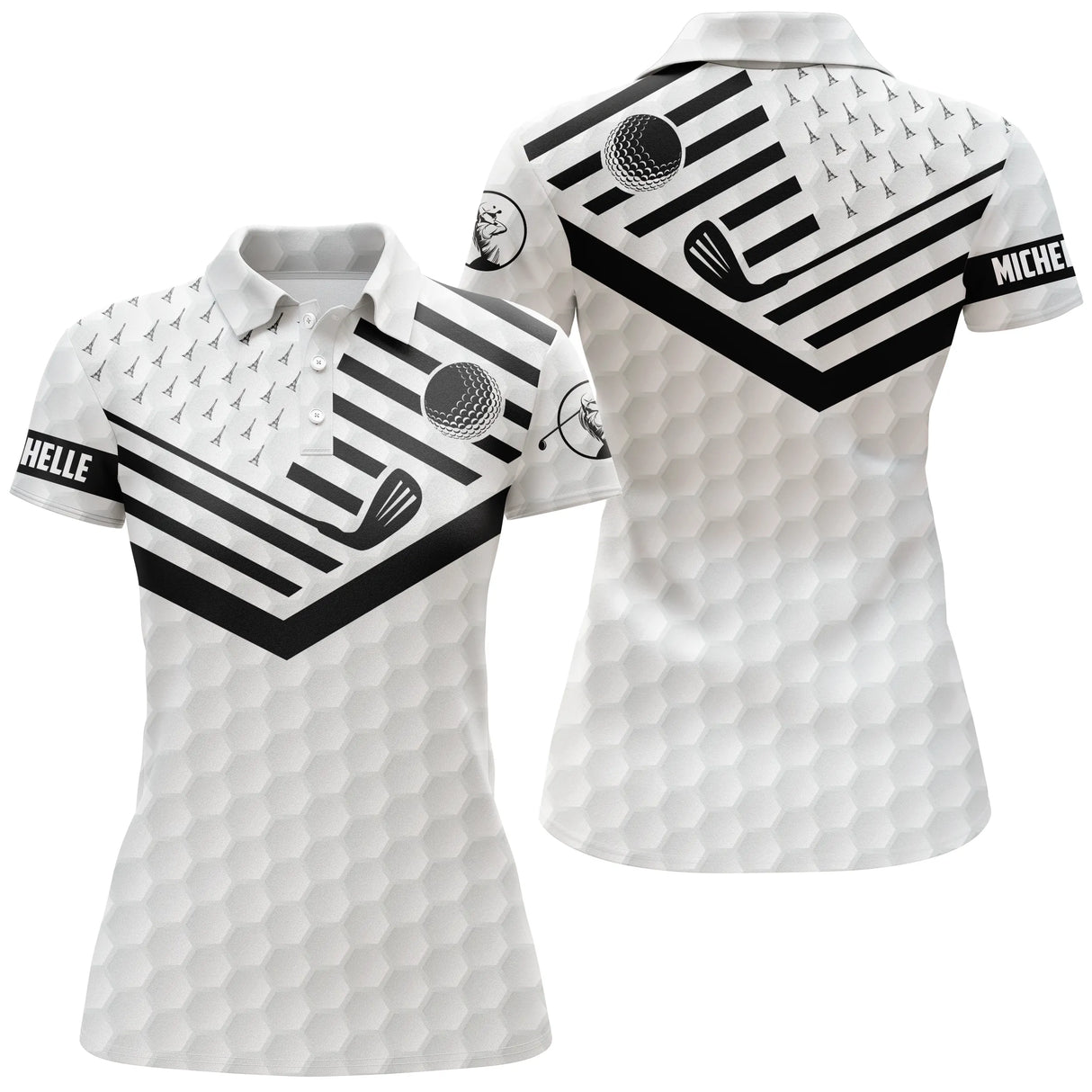 Polo golf femme bleu marine chevrons blancs balle de golf clubs croisés zone prénom coupe cintrée