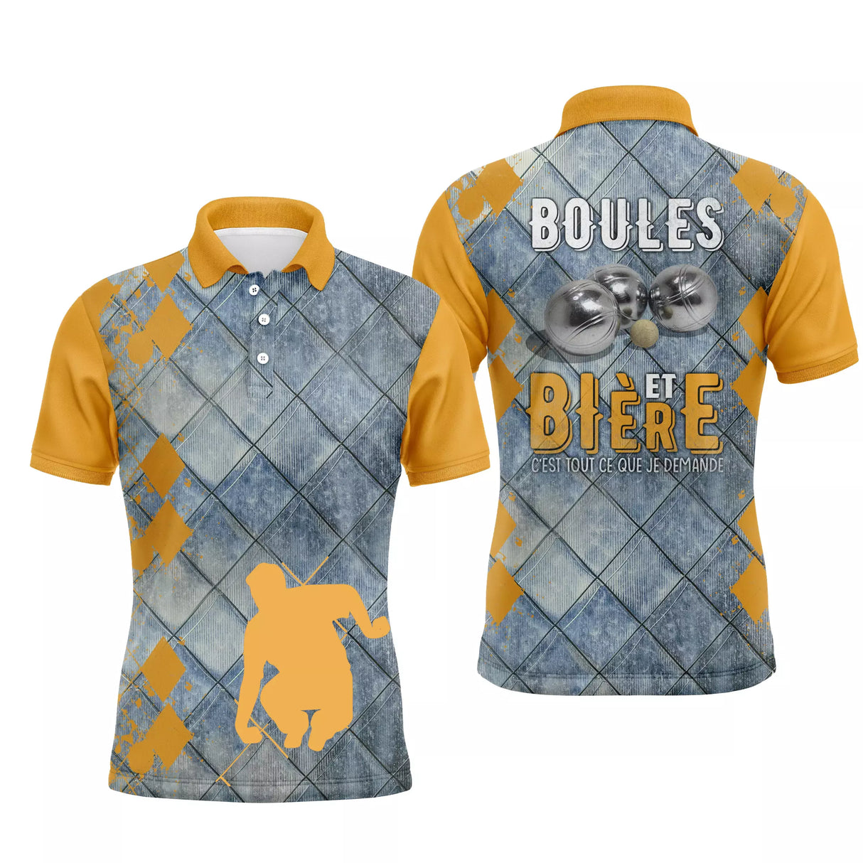 Polo pétanque jaune anis bleu denim avec silhouette bouliste et lettrage Boules et Bière Tout ce que je demande