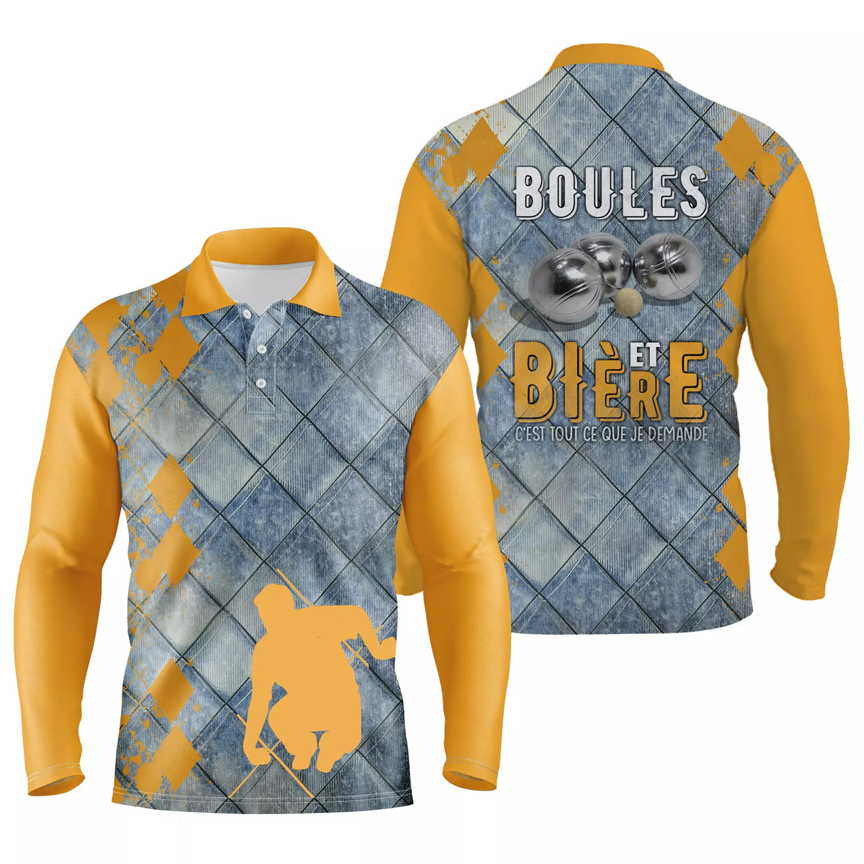 Polo pétanque manches longues unisexe jaune denim, lettrage humoristique pour bouliste passionné