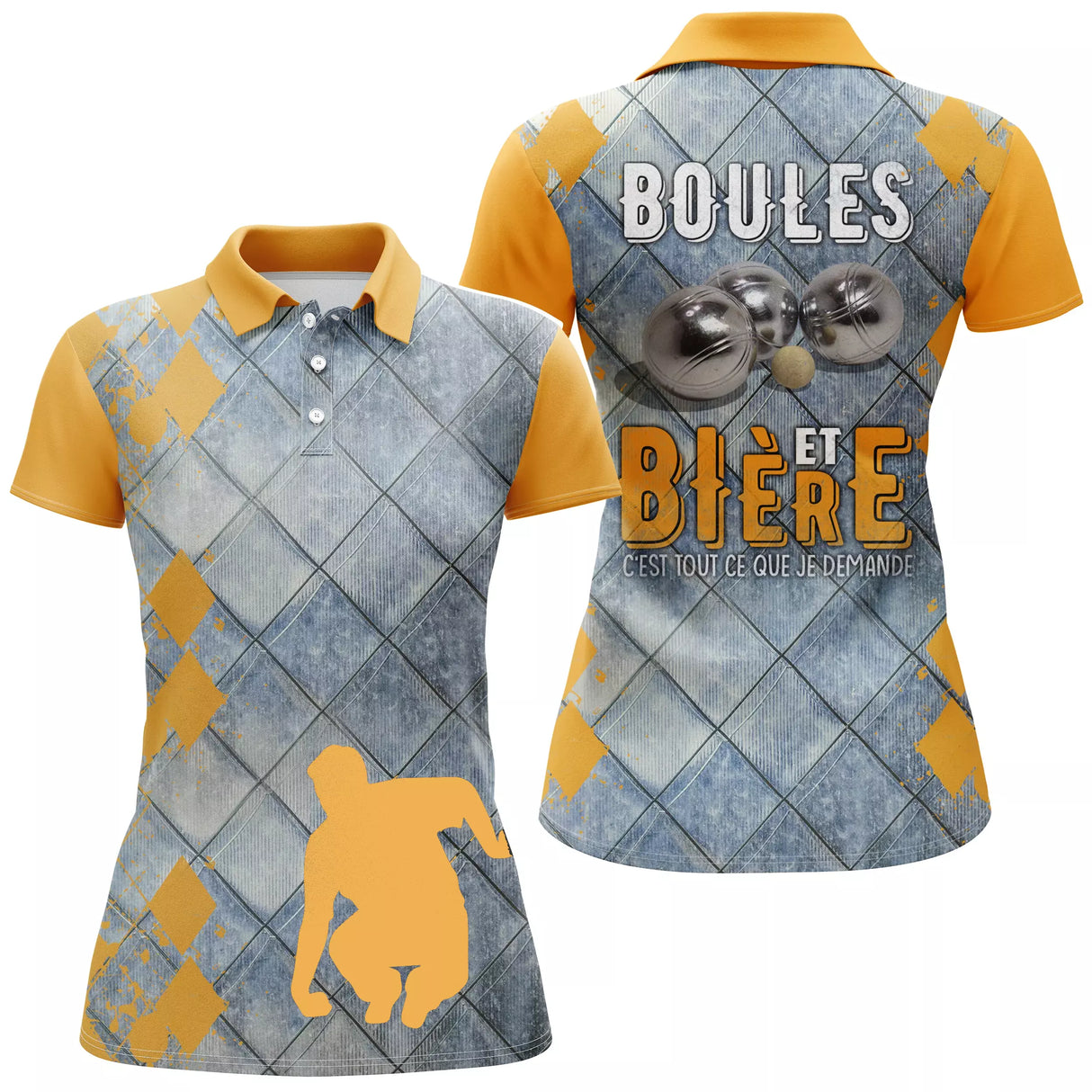 Polo pétanque homme femme manches courtes jaune bleu humour boules biere, design bouliste