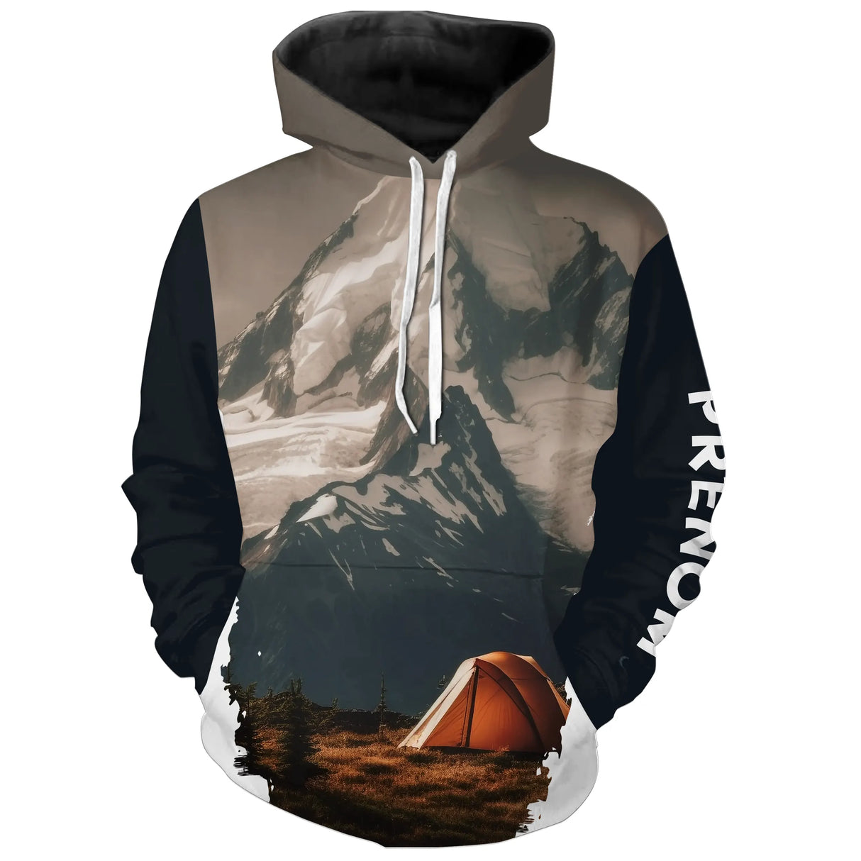 T-shirt variante manches longues all-over montagne enneigée alpine et tente orange, prénom person