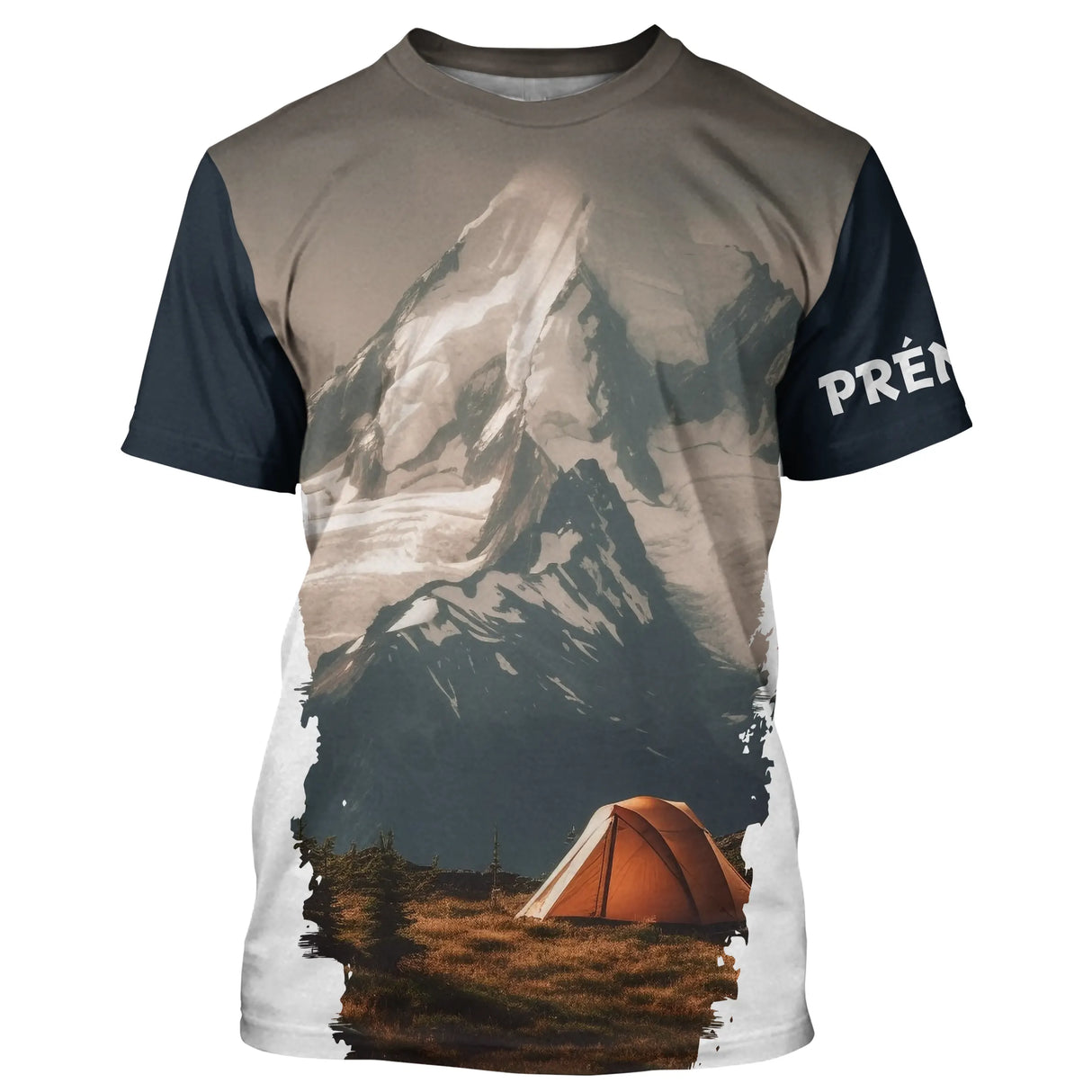 T-shirt variante manches longues all-over montagne enneigée alpine et tente orange, prénom person