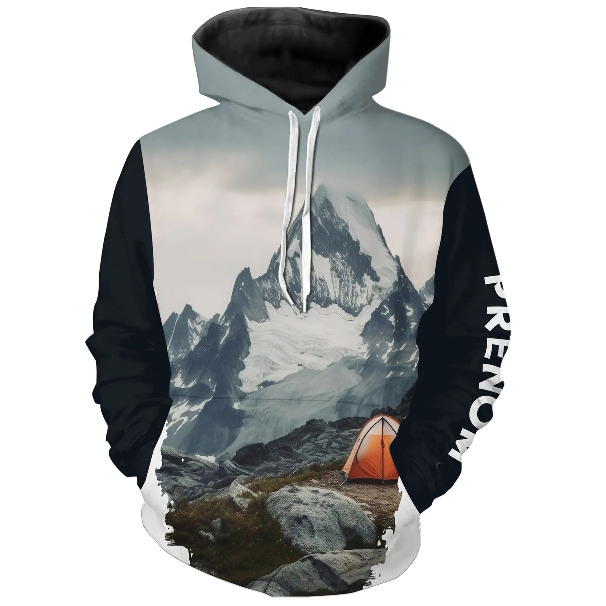 T-shirt variante manches longues all-over montagne enneigée et tente orange aventure alpine, prén