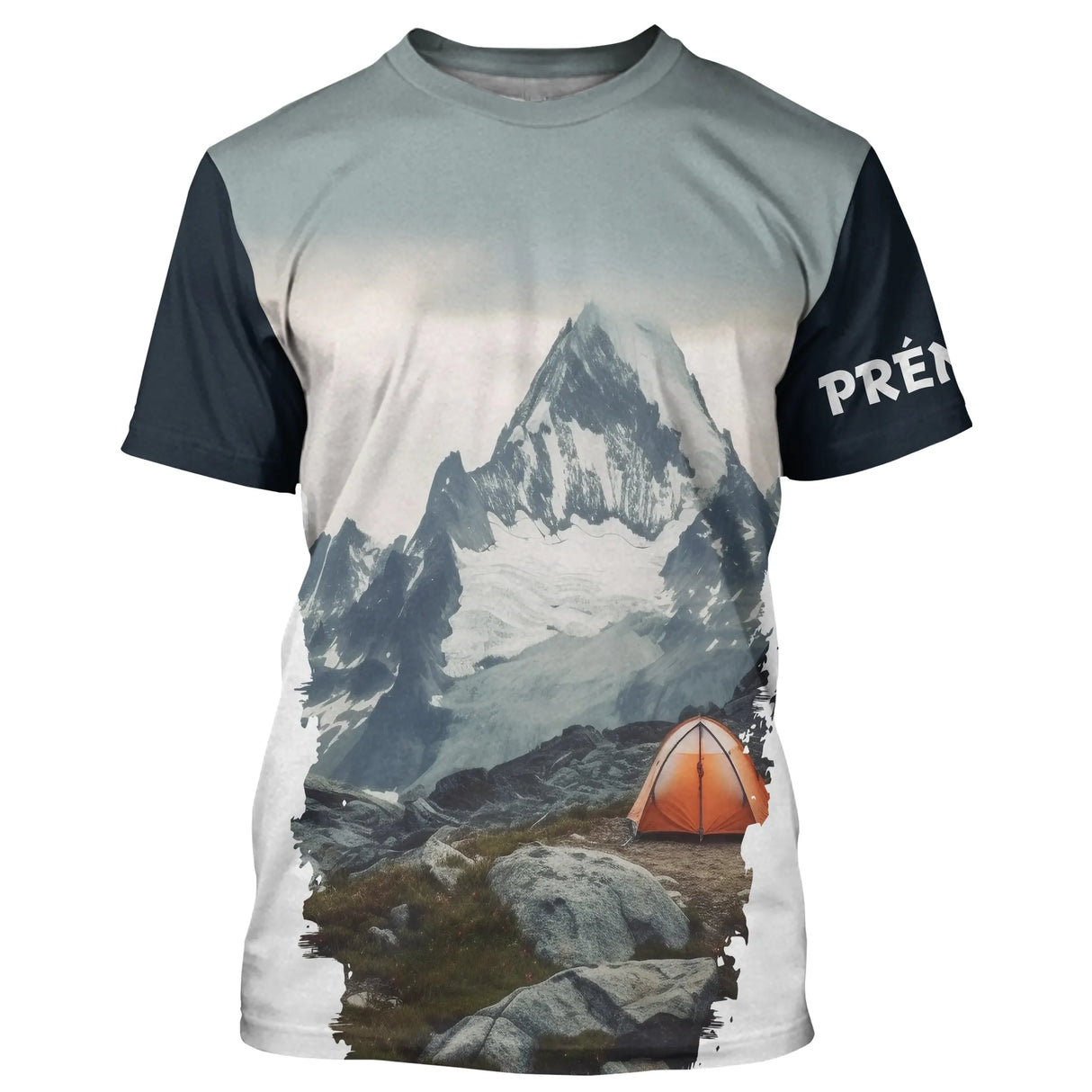 T-shirt variante manches longues all-over montagne enneigée et tente orange aventure alpine, prén