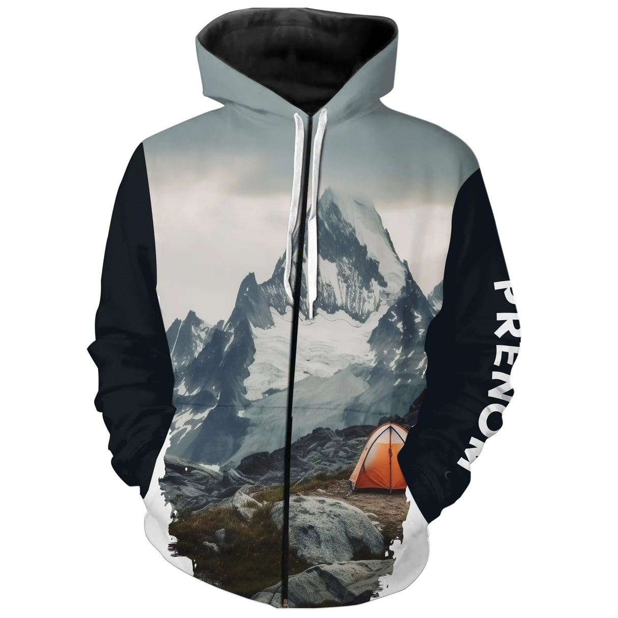 T-shirt variante manches longues all-over montagne enneigée et tente orange aventure alpine, prén