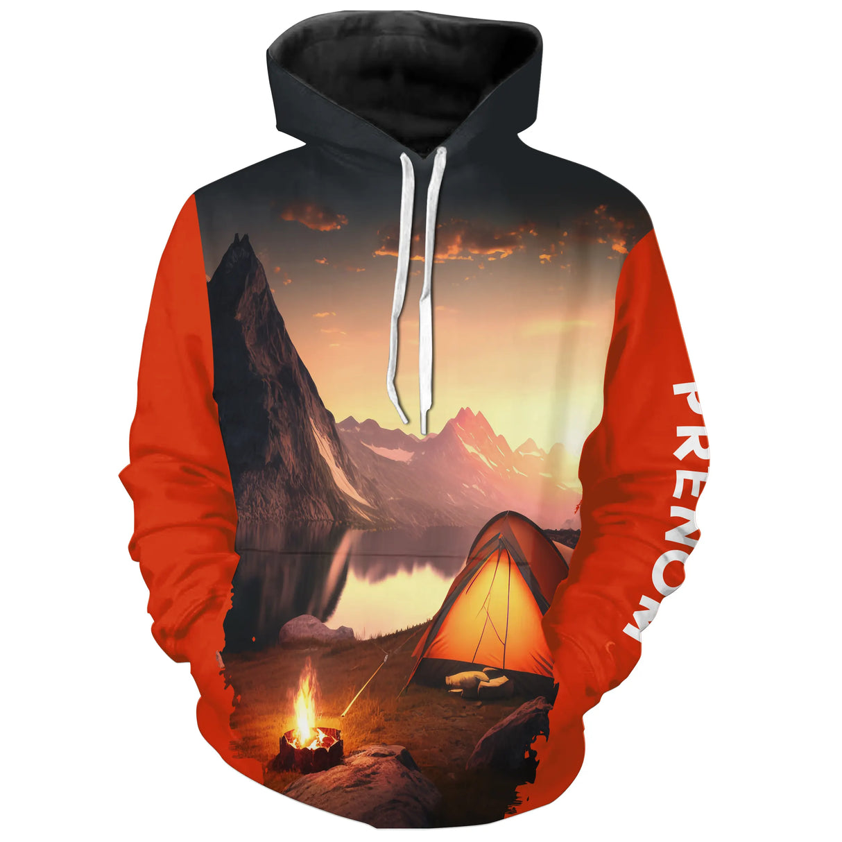 T-shirt variante manches longues all-over coucher de soleil orange montagne tente et feu de camp,