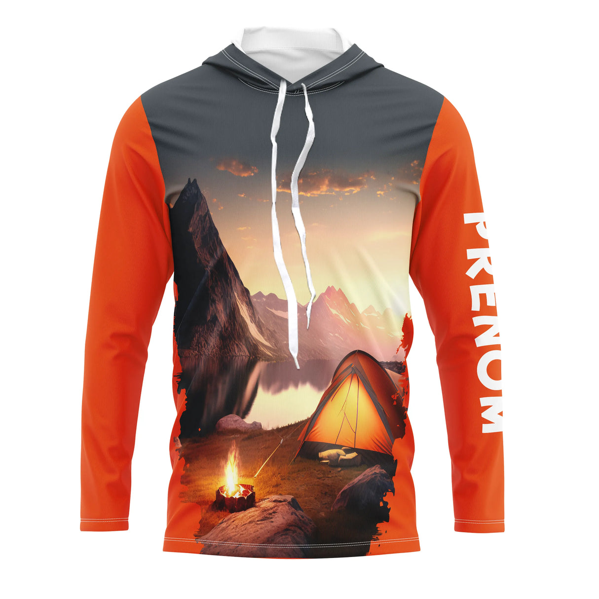T-shirt unisexe manches longues all-over coucher de soleil orange montagne tente et feu de camp, prénom personnalisé
