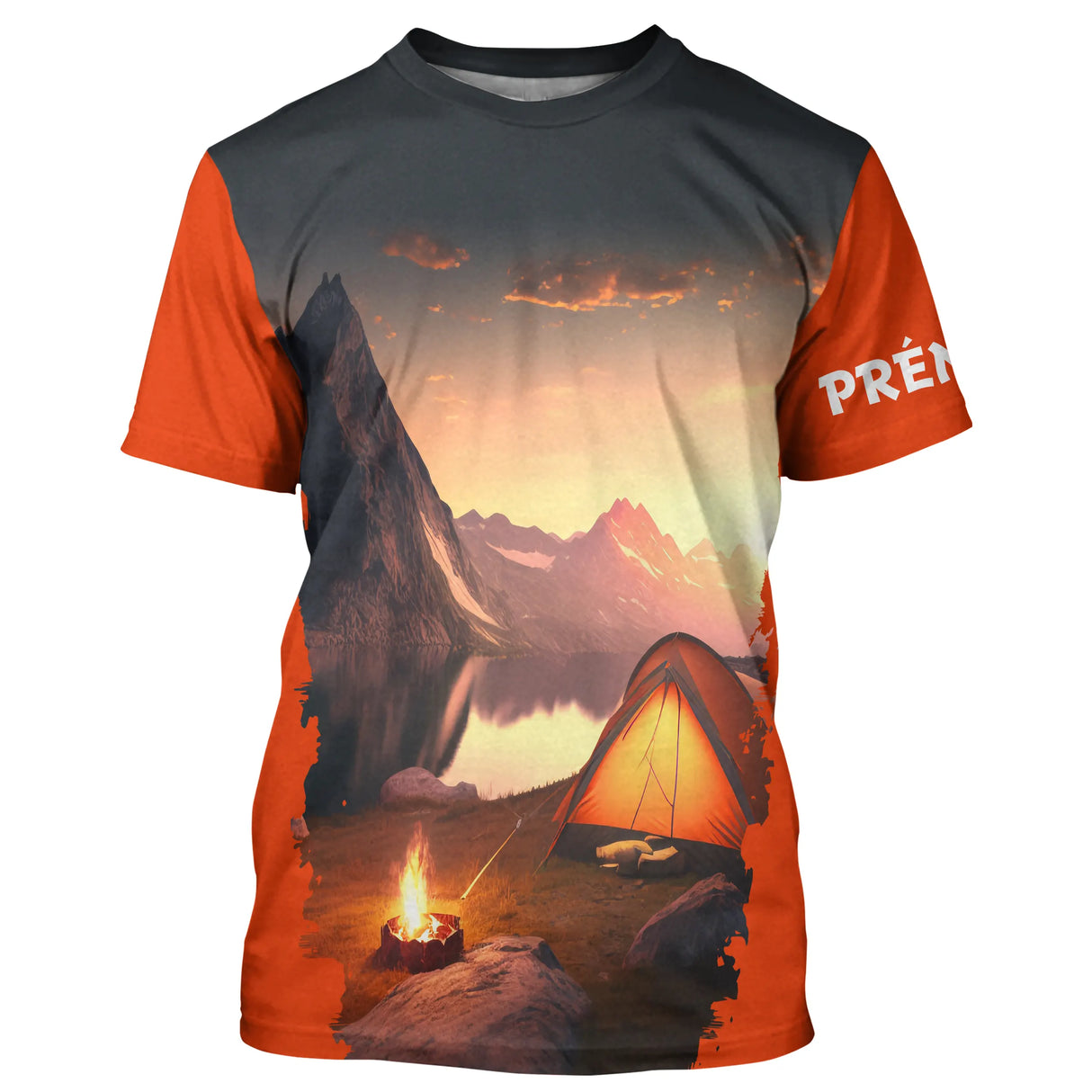 T-shirt variante manches longues all-over coucher de soleil orange montagne tente et feu de camp,