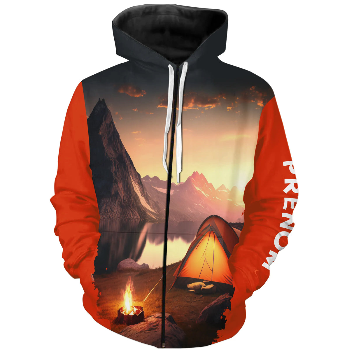 T-shirt variante manches longues all-over coucher de soleil orange montagne tente et feu de camp,
