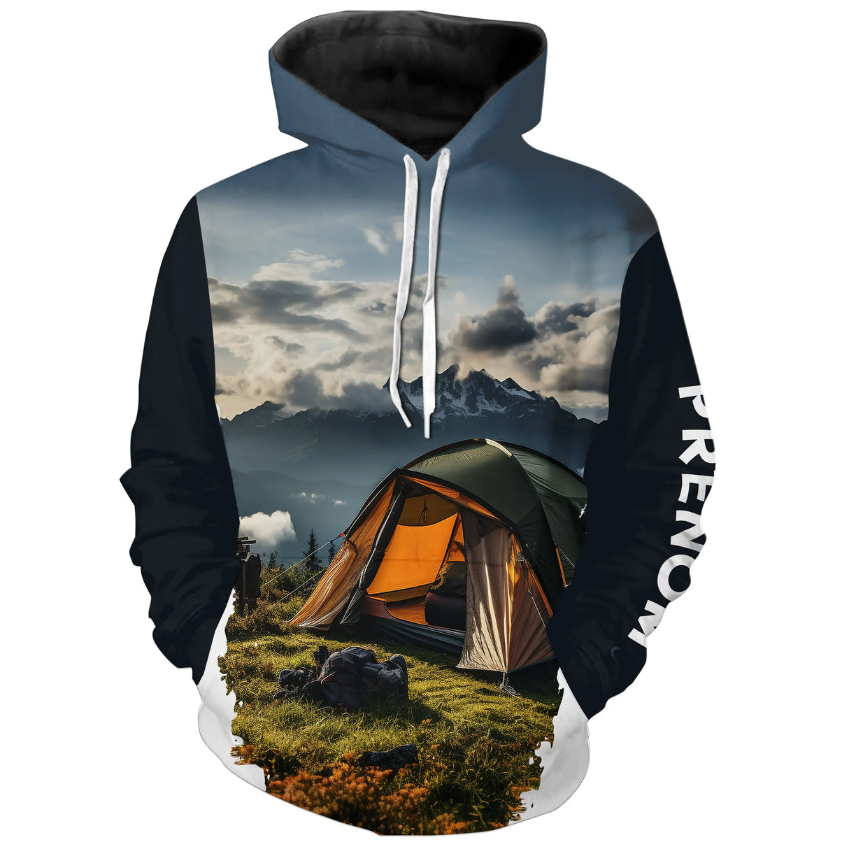 T-shirt variante manches longues all-over montagne et tente camping prêt à partir, prénom personn
