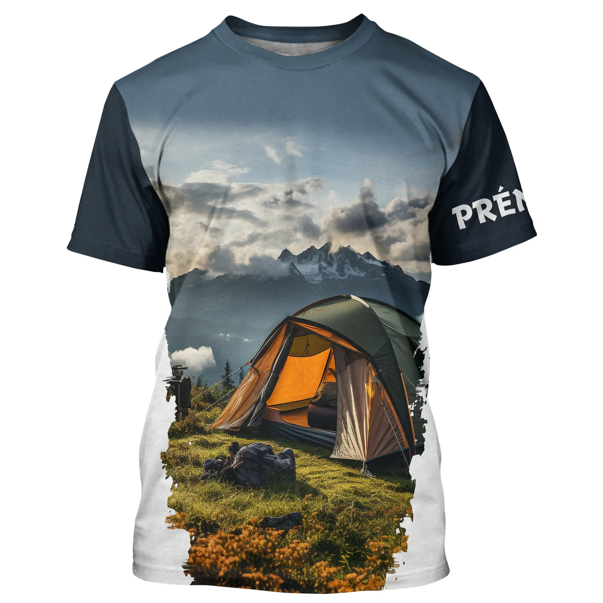 T-shirt variante manches longues all-over montagne et tente camping prêt à partir, prénom personn