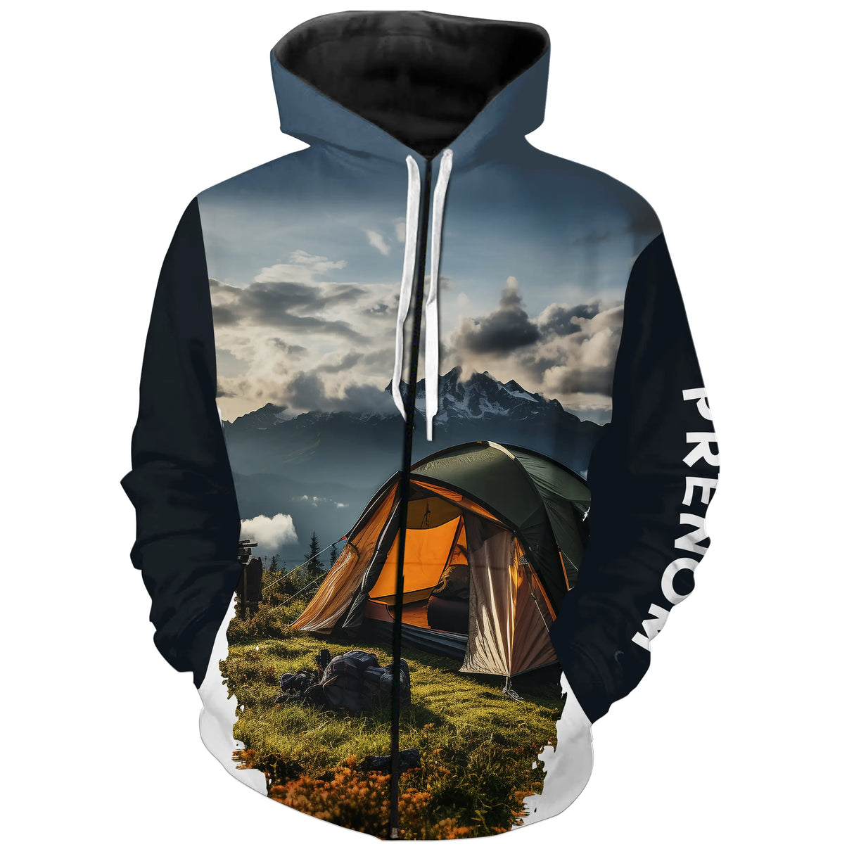 T-shirt variante manches longues all-over montagne et tente camping prêt à partir, prénom personn