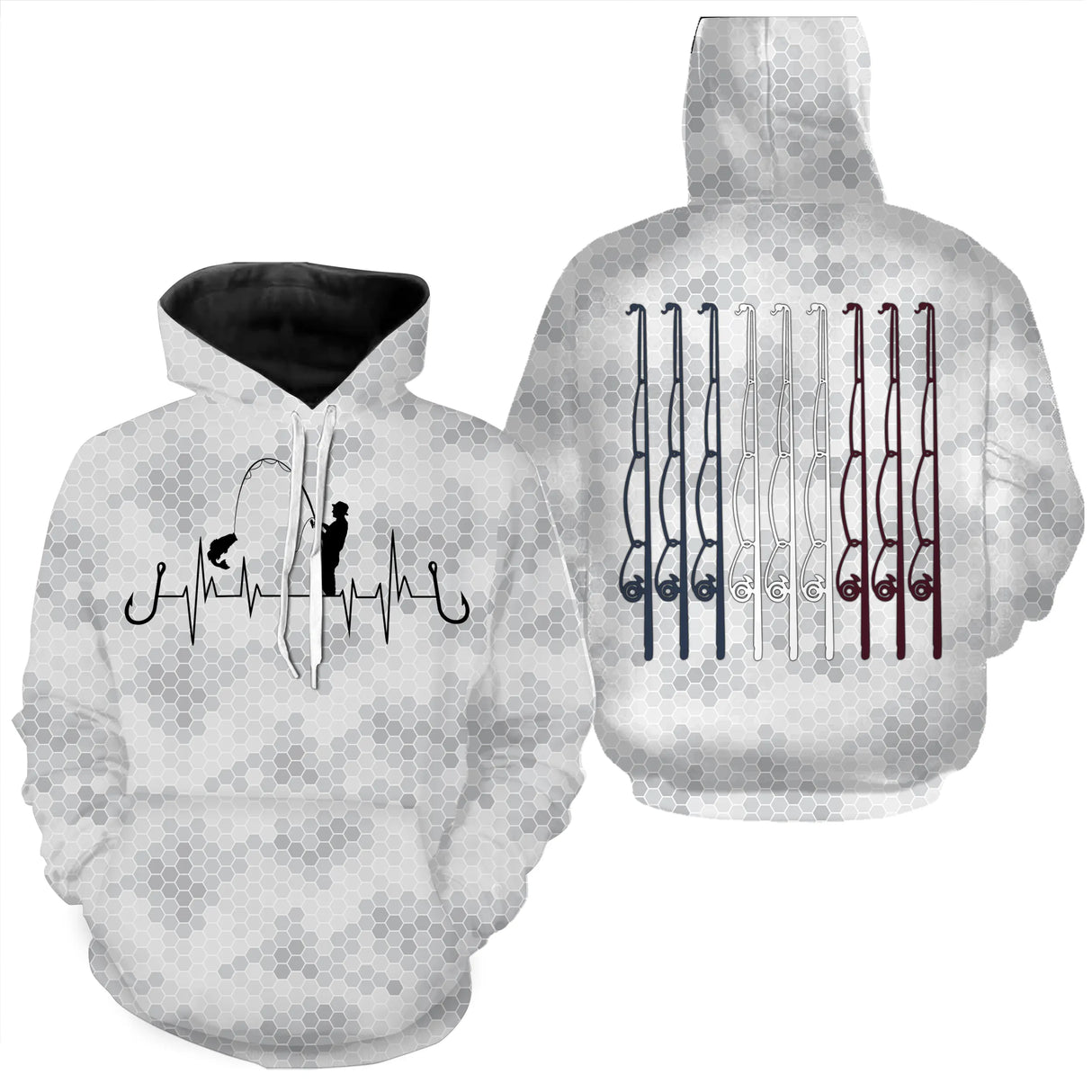 Sweat capuche zippé pêche camouflage blanc gris noir cannes tricolore