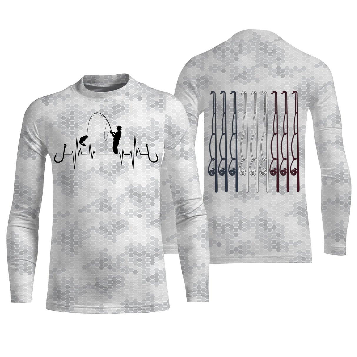Anti-UV t-shirt manches longues pêche camouflage blanc gris noir cannes tricolore