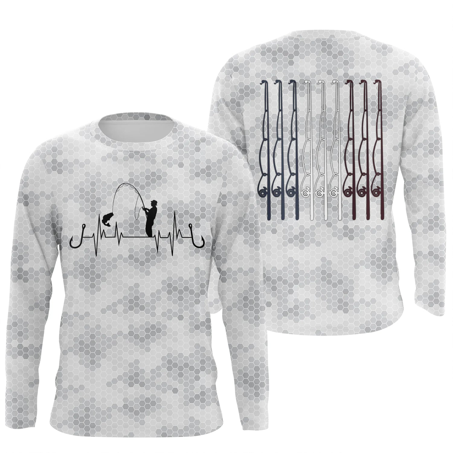 Camouflage Blanc et Noir, Cadeau Original PĂȘcheur, Tee shirt All-Over, T-Shirt Anti-UV, Cannes Ă  PĂȘche tricolore Bleu Blanc Rouge - CTS20052222 T-shirt Anti UV Manches Longues