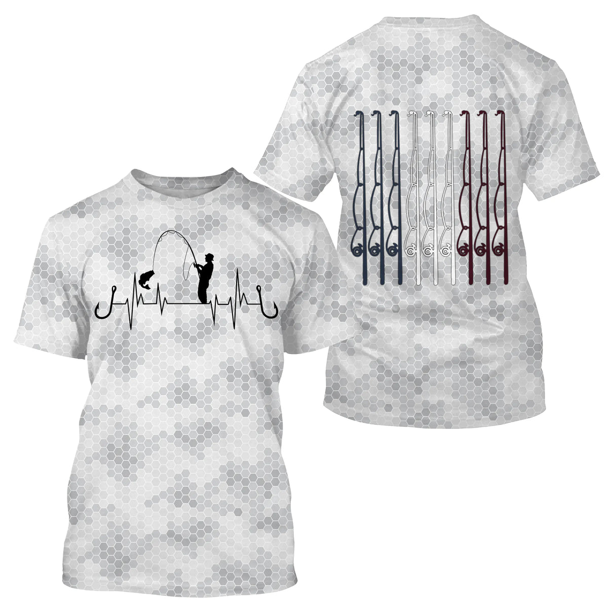 T-shirt pêche all-over col rond camouflage urbain blanc gris noir cannes pêche tricolore bleu blanc rouge dos