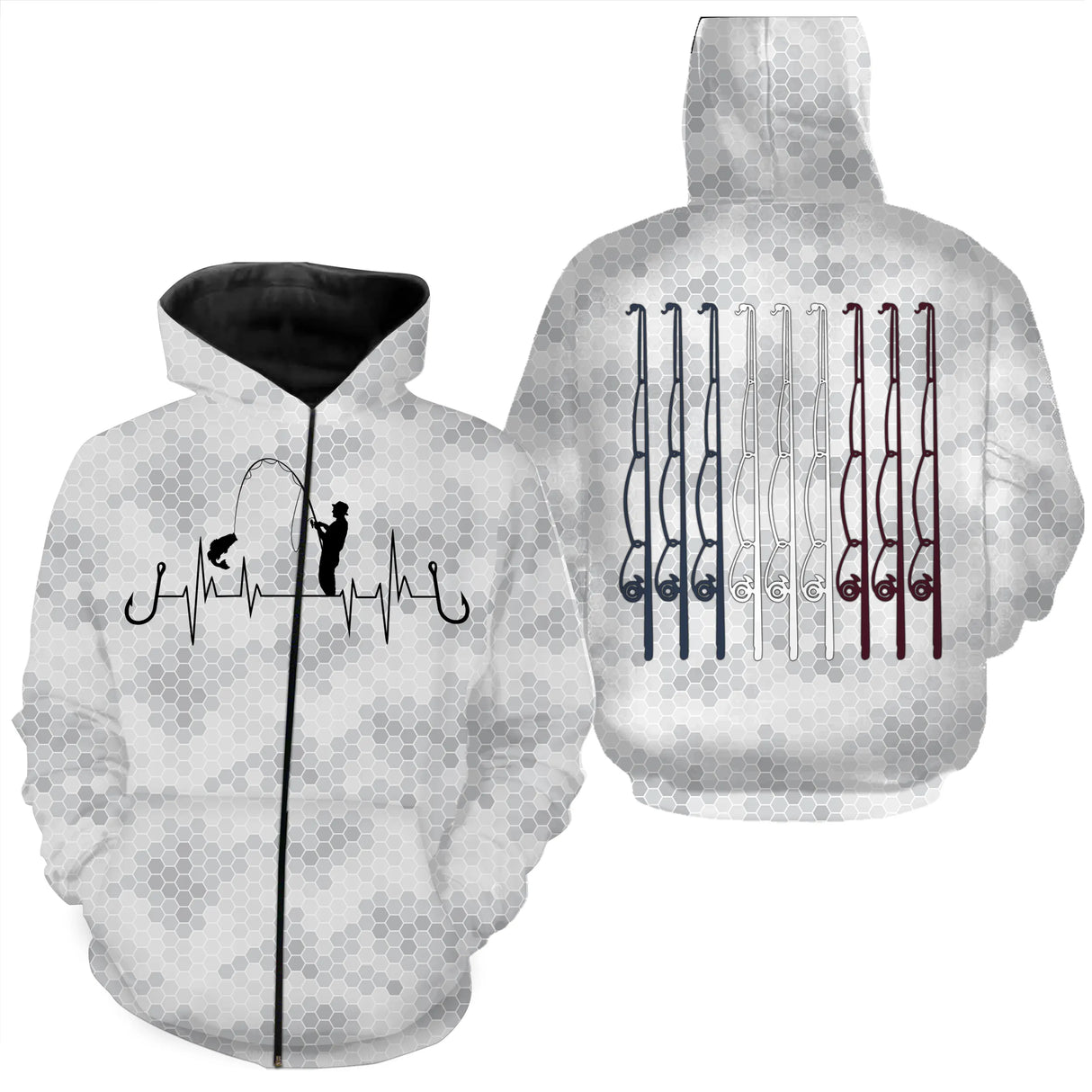T-shirt pêche unisexe manches longues camouflage blanc gris noir cannes tricolore
