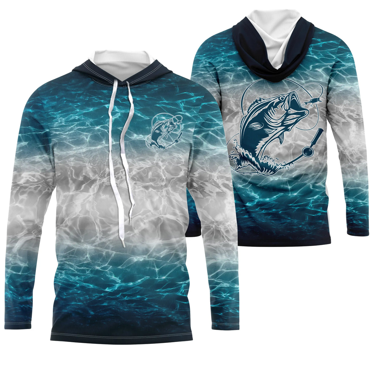 T-shirt pêche all-over col rond blanc texture aquatique Tahiti tracé ECG silhouette pêcheur cannes tricolore dos