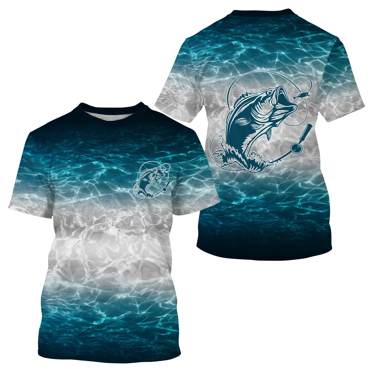 Anti-UV t-shirt manches longues pêche blanc Tahiti ECG silhouette pêcheur cannes tricolore prénom