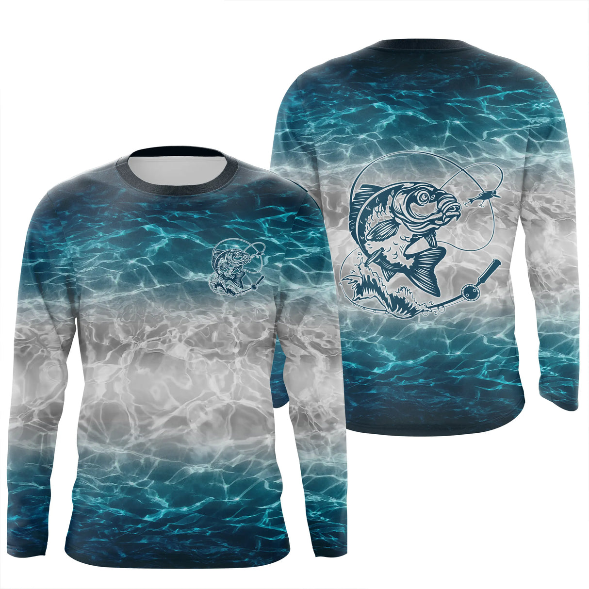 Anti-UV t-shirt à capuche pêche unisexe bleu océan eau cristalline carpe gros plan immersif