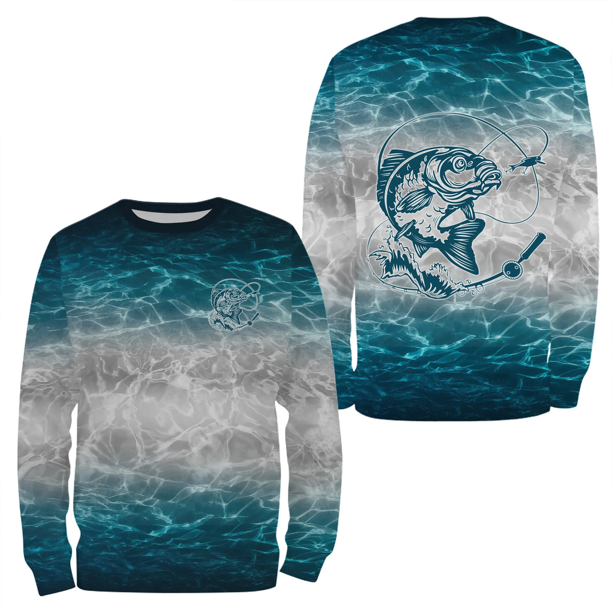 Sweat à capuche pêche bleu turquoise océan eau cristalline carpe gros plan