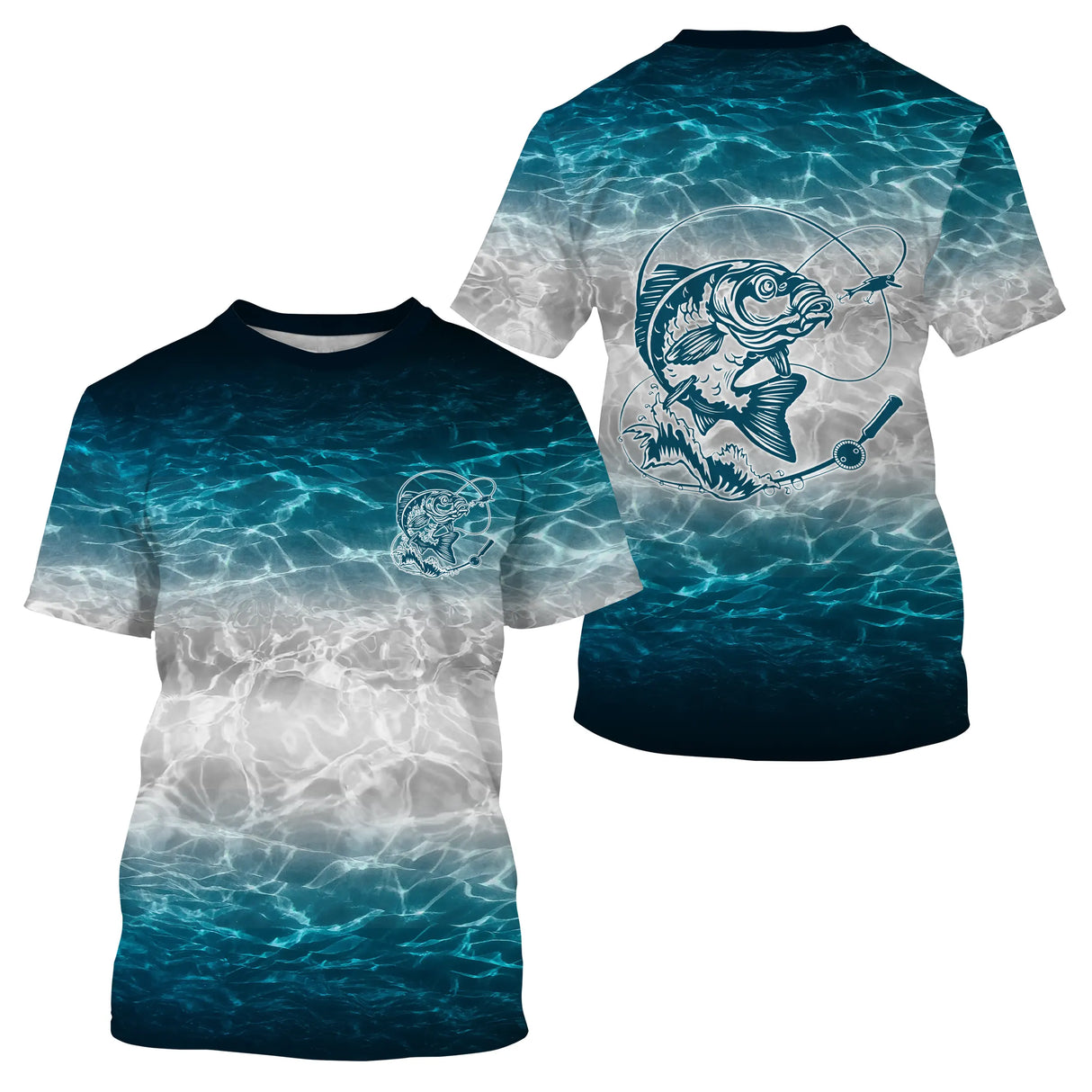 Anti-UV t-shirt manches longues pêche bleu océan eau cristalline carpe gros plan