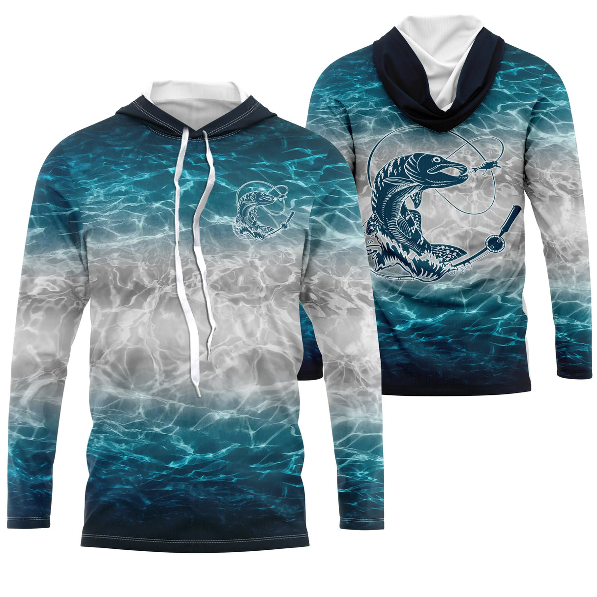T-shirt pêche all-over col rond bleu turquoise océanique eau cristalline brochet dévorant leurre gros plan médaillon