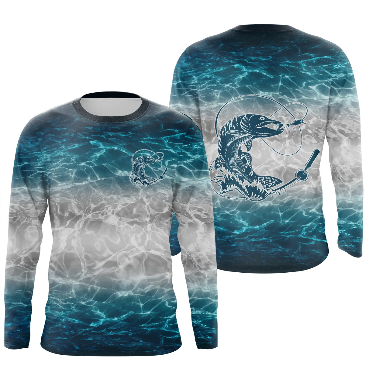 Anti-UV t-shirt à capuche pêche unisexe bleu océan eau cristalline brochet dévorant leurre
