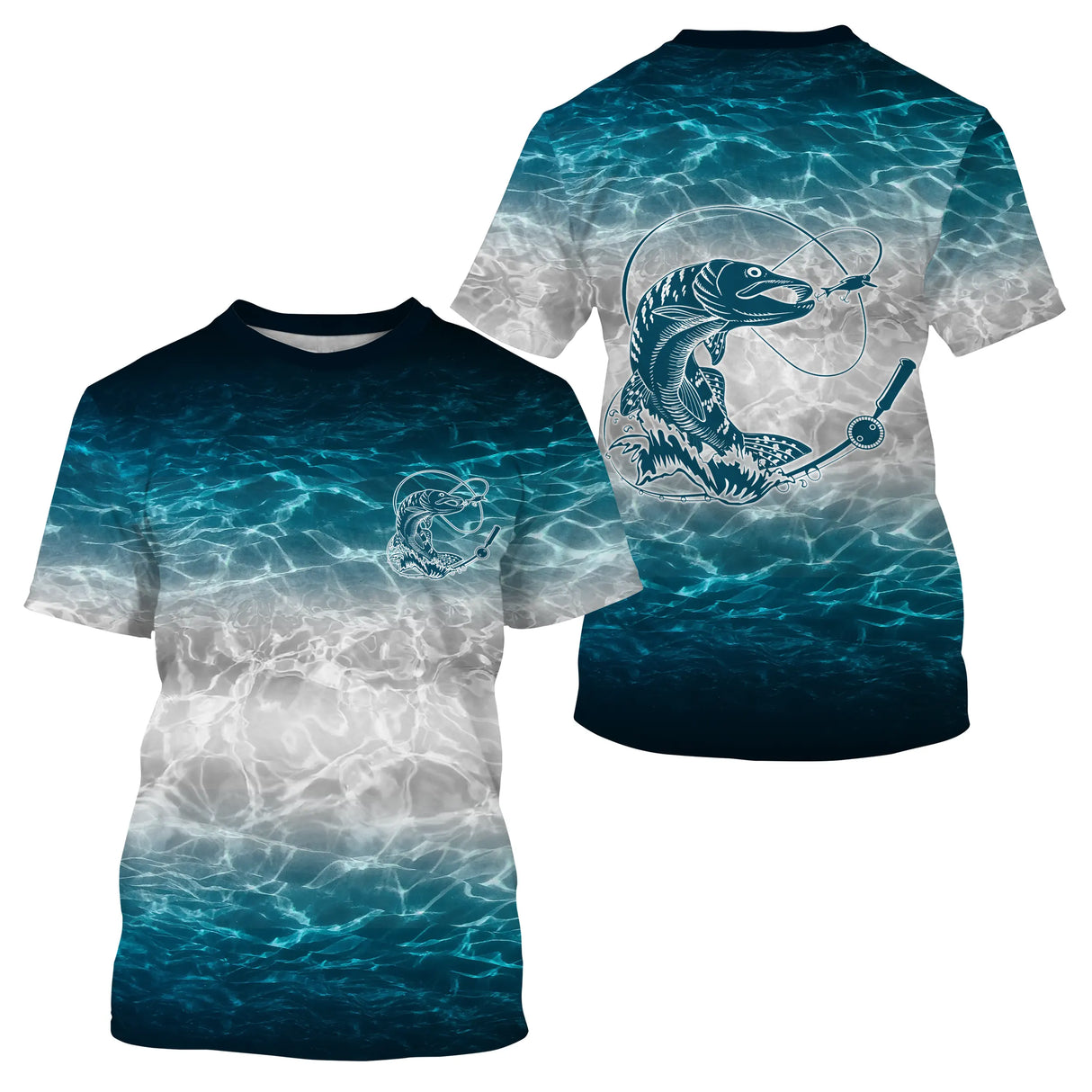 Anti-UV t-shirt manches longues pêche bleu océan eau cristalline brochet dévorant leurre