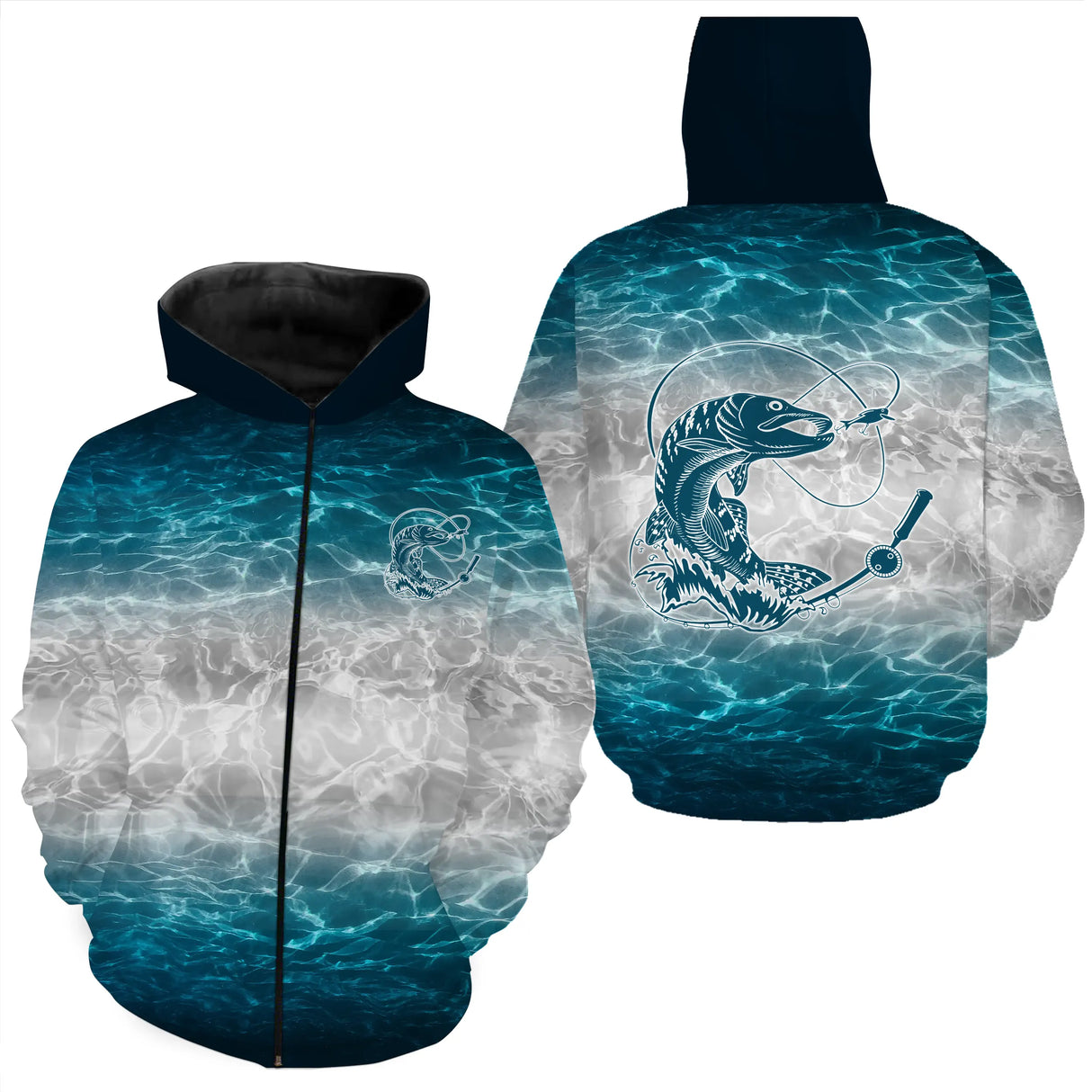 T-shirt pêche unisexe manches longues bleu océan eau cristalline brochet leurre
