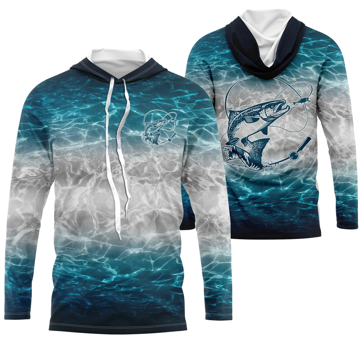 Sweat à capuche pêche saumon bleu océan dégradé motif saumon sautant impression all-over