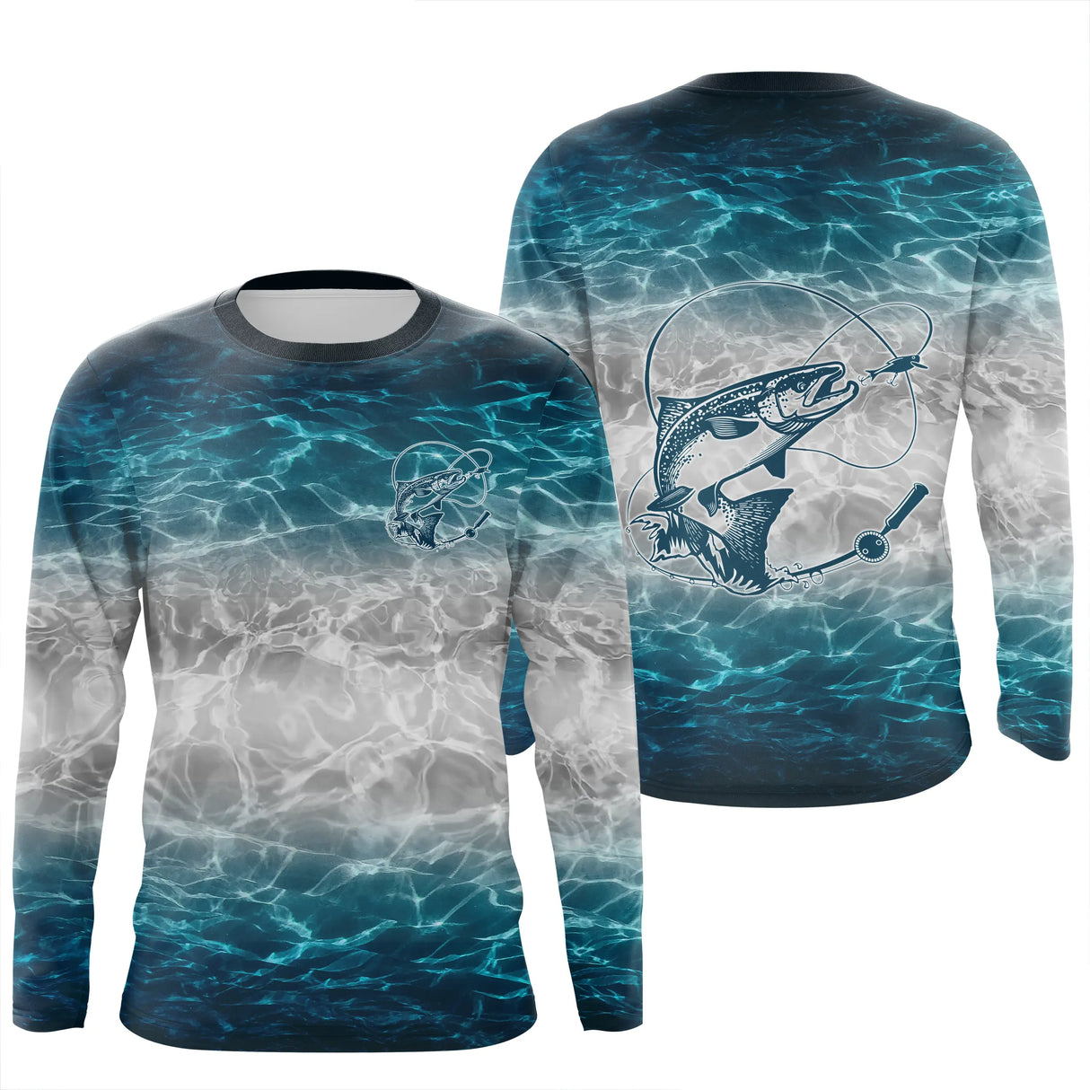 Tee-shirt anti-UV pêche saumon bleu blanc motif océan immersion vue dos personnalisable