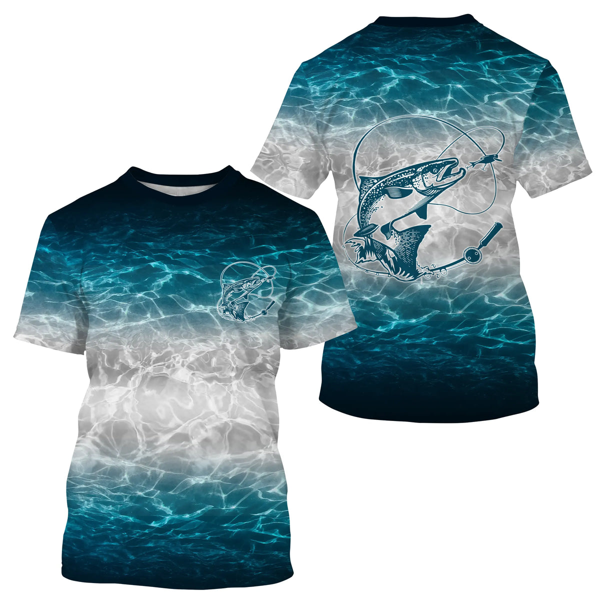 Polo manches courtes pêche saumon bleu marine motif saumon en mouvement vue avant