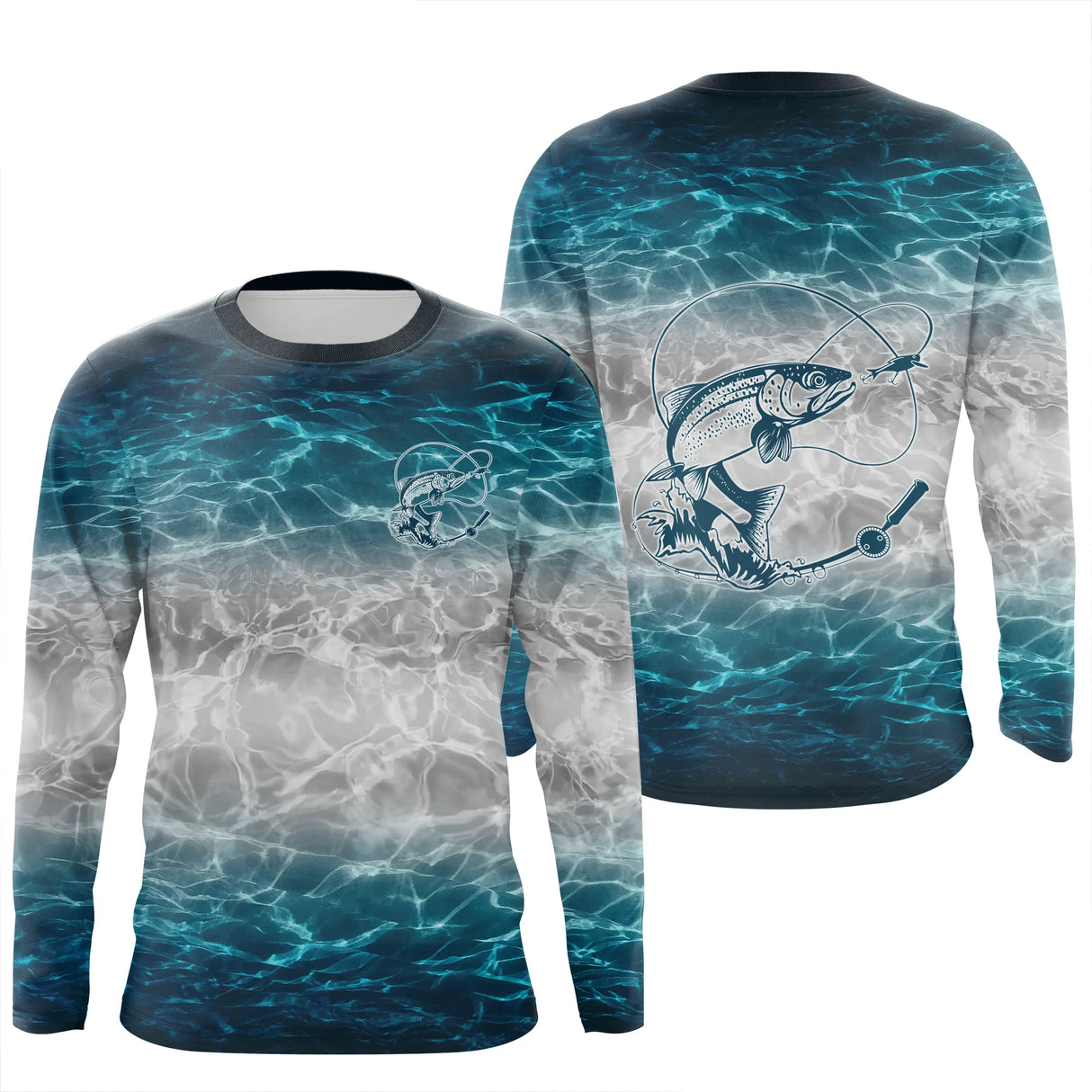 Tee-shirt anti-UV pêche truite bleu blanc motif salmonidé eau vive vue dos personnalisable