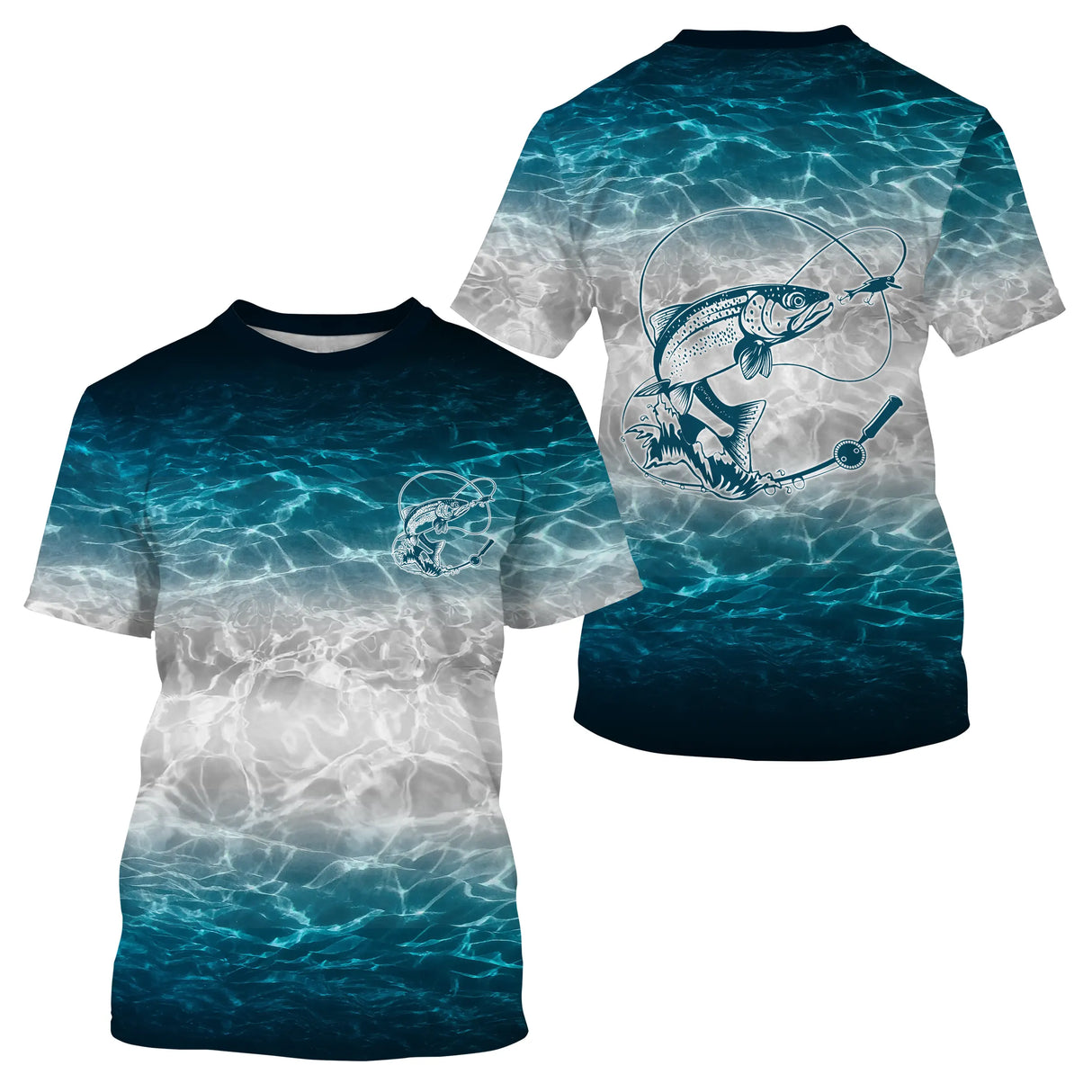 Polo manches courtes pêche truite bleu marine motif truite en mouvement vue avant