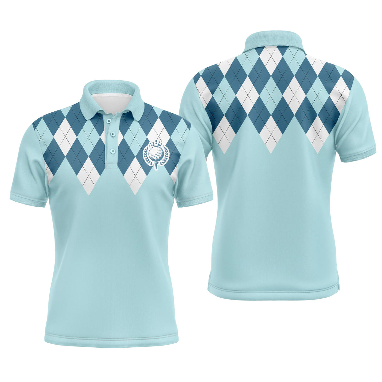 Polo golf homme bleu ciel motif argyle losanges bleu pétrole blanc médaillon central vue avant