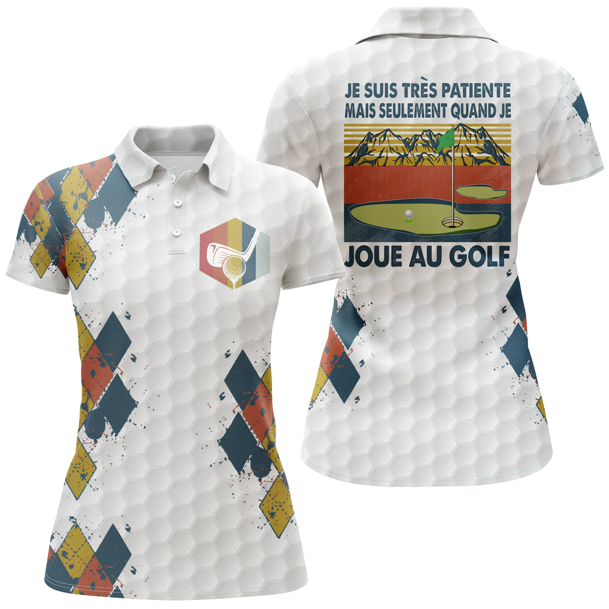 Polo golf femme argyle multicolore rétro vintage coupe cintrée slogan personnalisable vue dos
