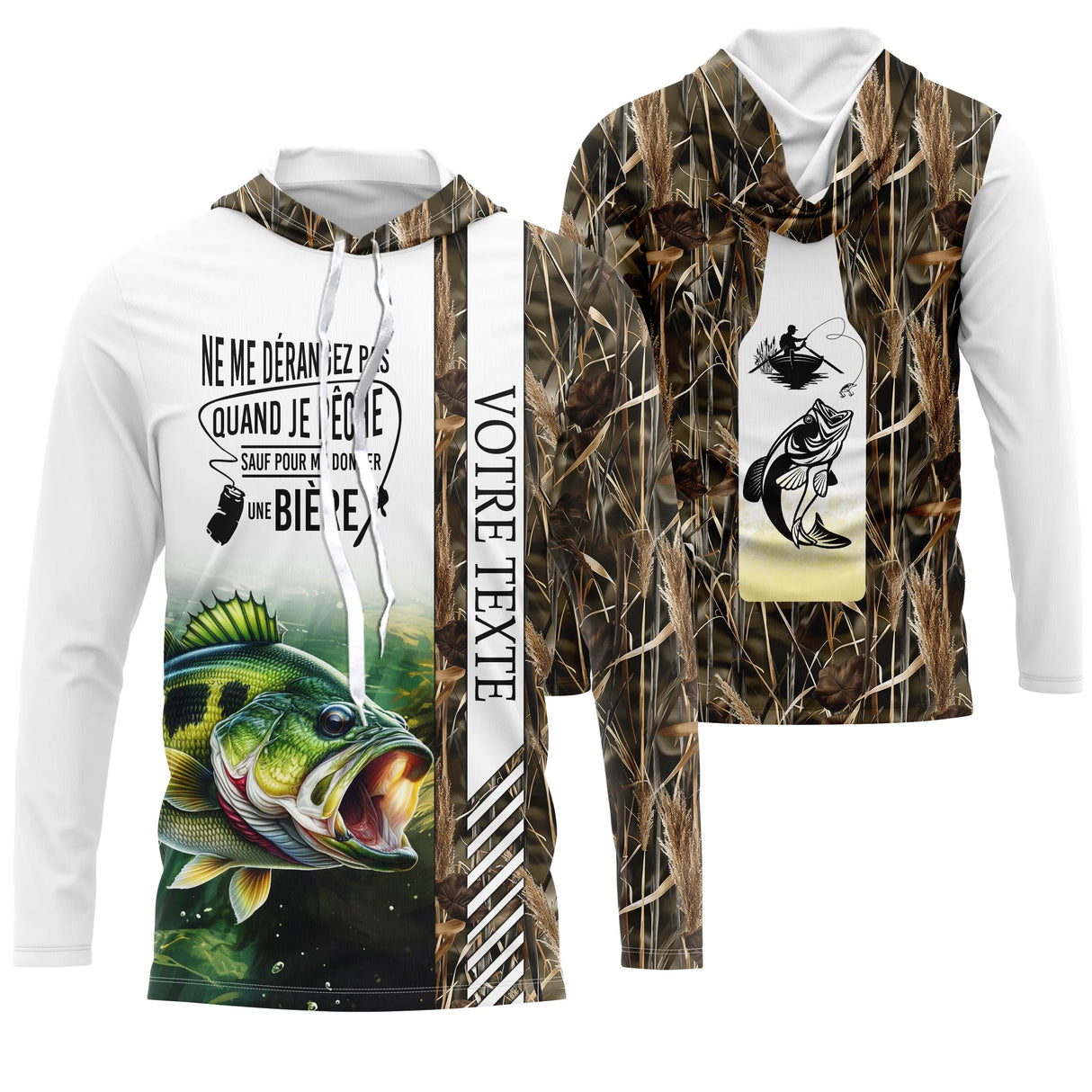 Sweat à capuche pêche camouflage brun roseaux brochet slogan bière bar personnalisable vue avant