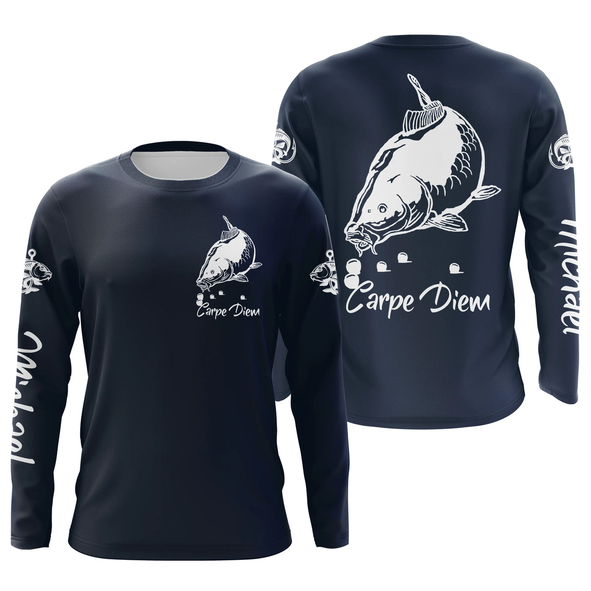 Manches longues anti-UV pêche carpe bleu marine Carpe Diem prénom personnalisé sur manche