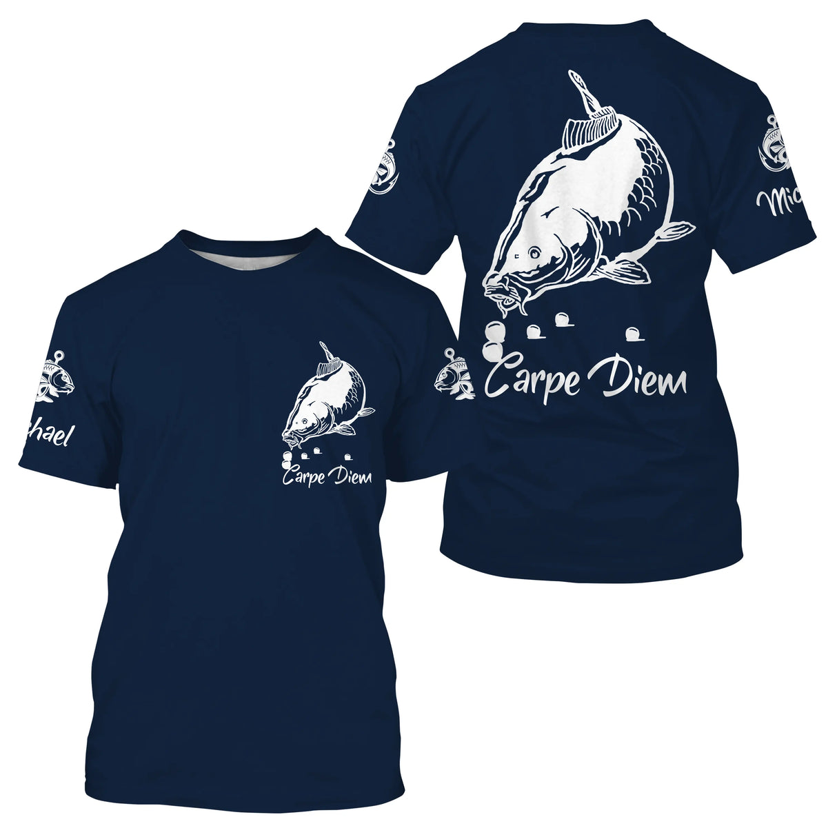 T-shirt col rond pêche carpe bleu marine Carpe Diem lettrage blanc