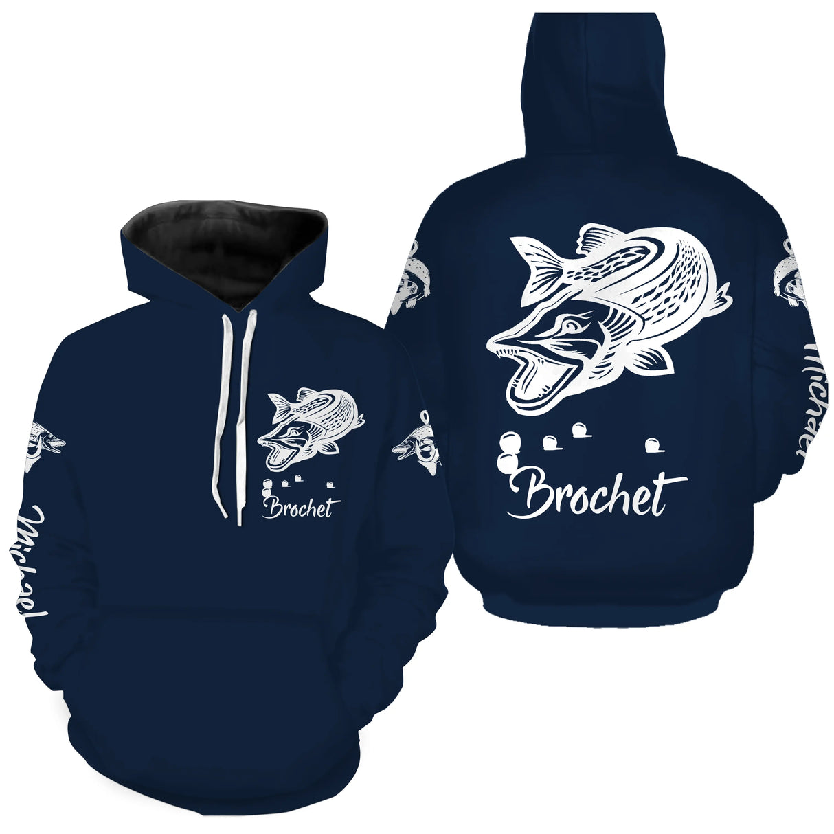 T-shirt anti-UV capuche pêche brochet bleu marine pour pêcheurs carnassiers
