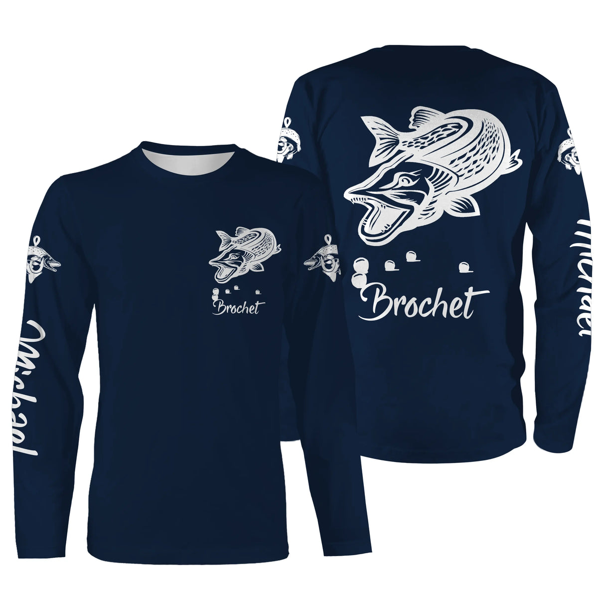 Sweat capuche pêche brochet bleu marine avec brochet stylisé blanc