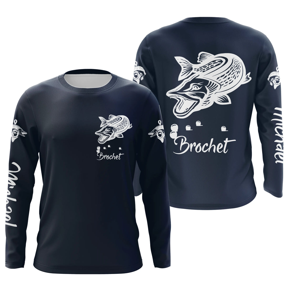 Manches longues anti-UV pêche brochet bleu marine prénom personnalisé sur manche