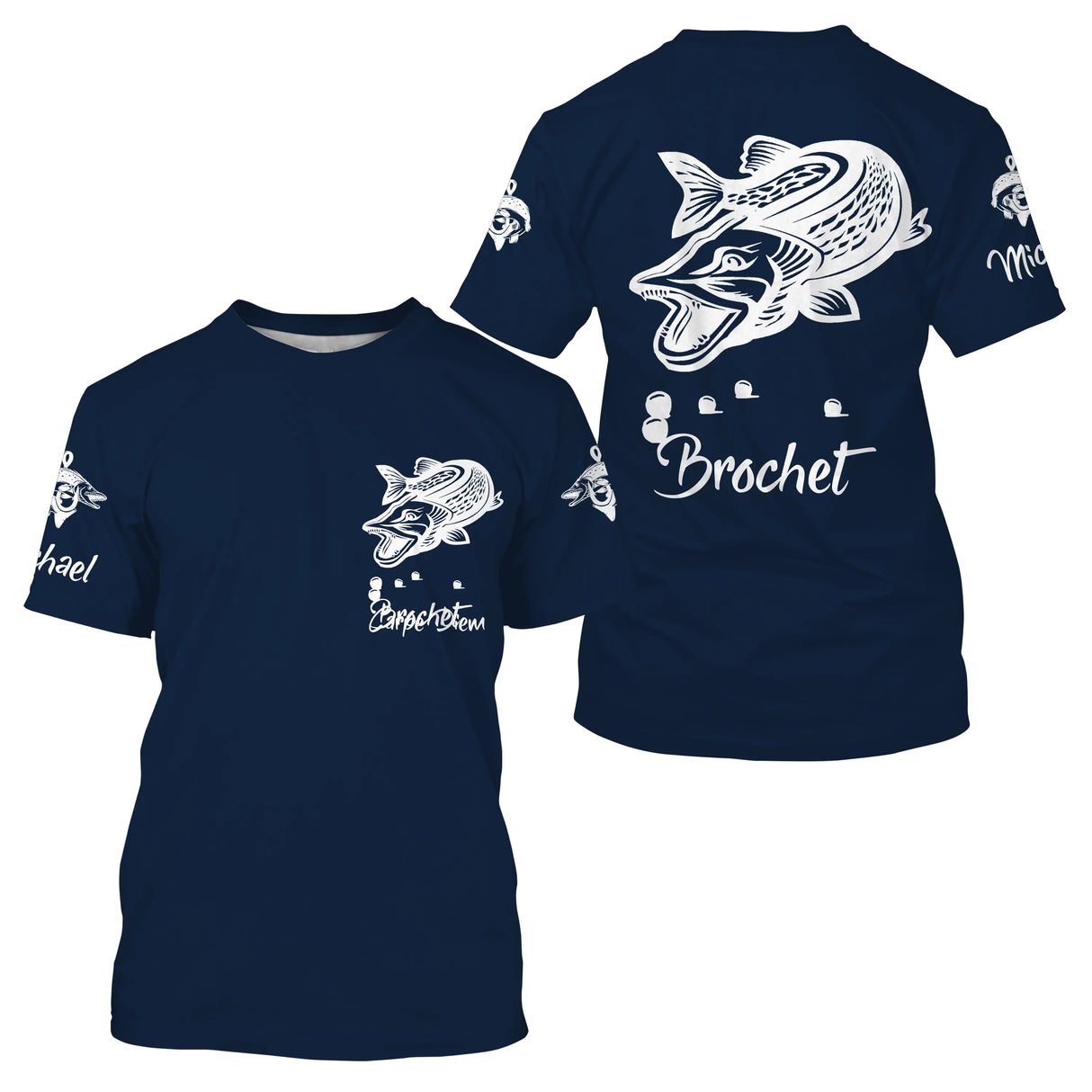 T-shirt col rond pêche brochet bleu marine lettrage Brochet en blanc