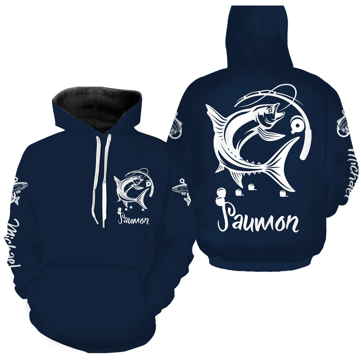T-shirt anti-UV capuche pêche saumon bleu marine pour pêcheurs salmonidés