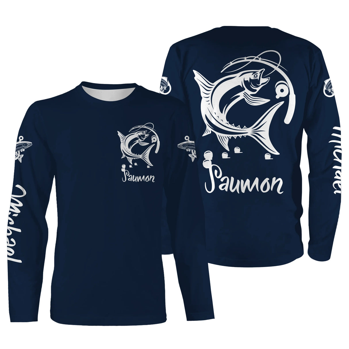 Sweat capuche pêche saumon bleu marine avec saumon stylisé blanc