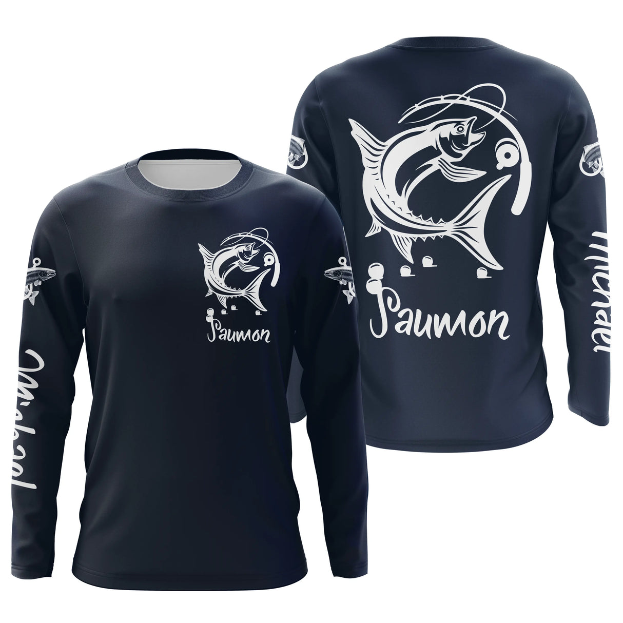 Manches longues anti-UV pêche saumon bleu marine prénom personnalisé sur manche